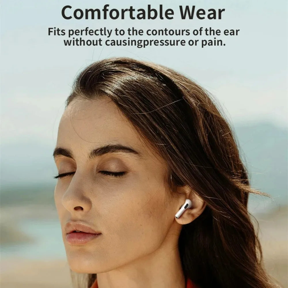 White tws touch control wireless earbud with sleek minimalist design worn as bluetooth earphones sport headset for music use