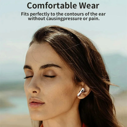 White tws touch control wireless earbud with sleek minimalist design worn as bluetooth earphones sport headset for music use
