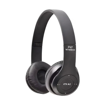 Black p47 wireless over-ear headphones with padded leather-like earcups for ear hifi stereo and headsets noise reduction