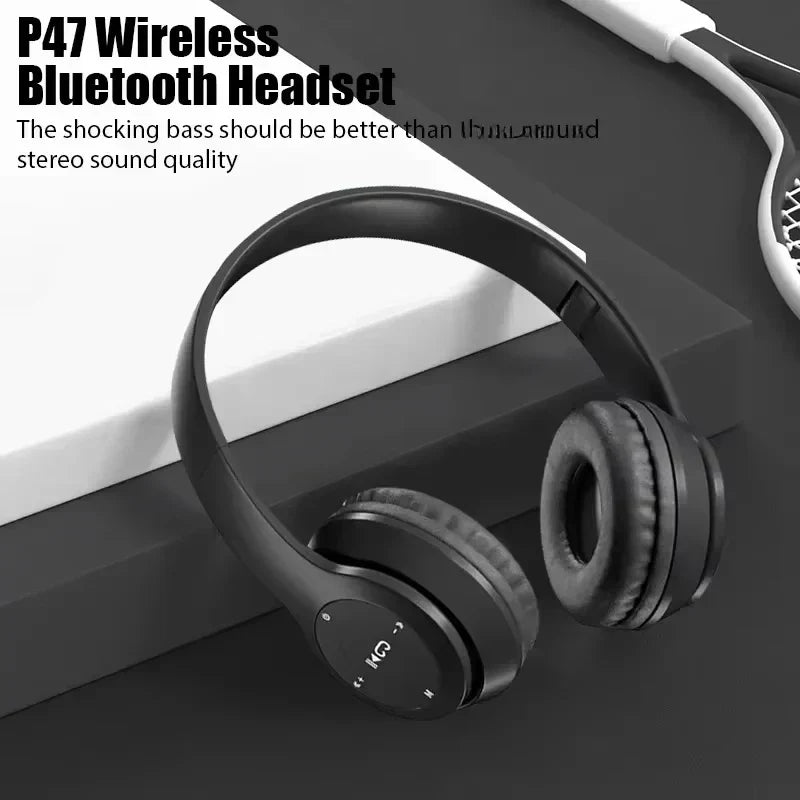 Black over-ear wireless bluetooth 5.3 headphones with padded earcups for ear hifi stereo and headsets noise reduction sports gaming earphone