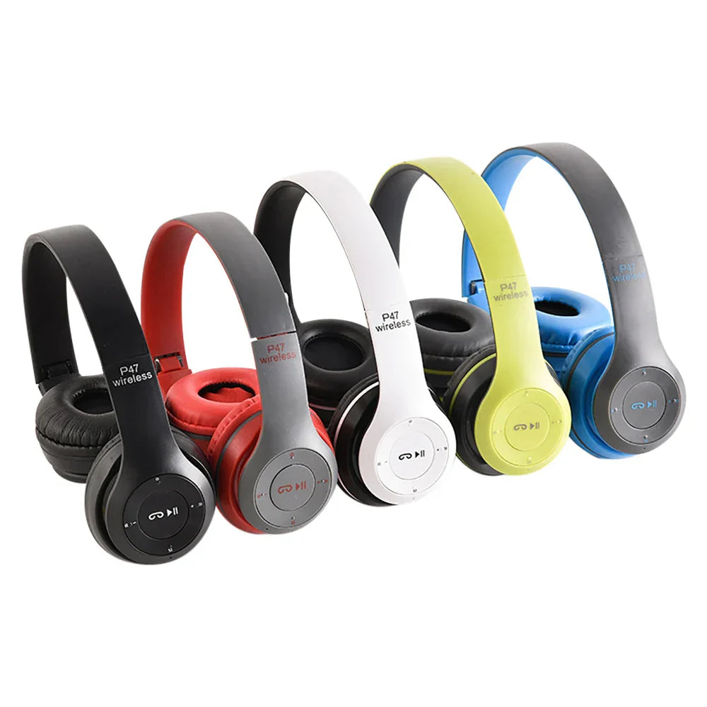 Tws wireless bluetooth 5.3 over ear headphones in black red white lime green and blue with padded earcups headsets noise reduction