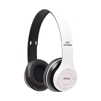 White and black tws wireless bluetooth 5.3 headphones with padded earcups and adjustable headband for sports gaming earphone use