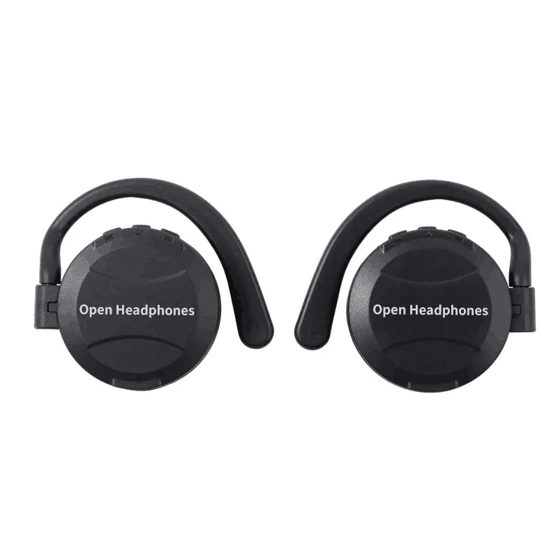 Black tws wireless bluetooth headphones with open-back circular speakers and curved earhooks for touch control sports use