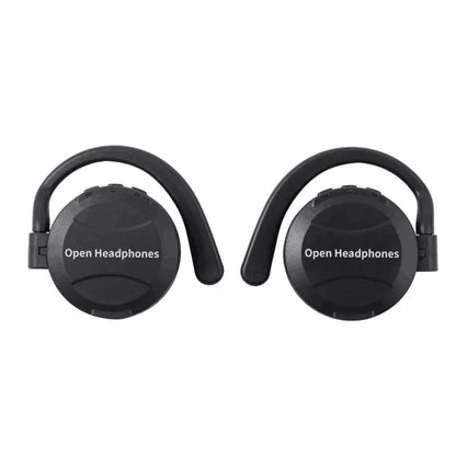 Black tws wireless bluetooth headphones with open-back circular speakers and curved earhooks for touch control sports use