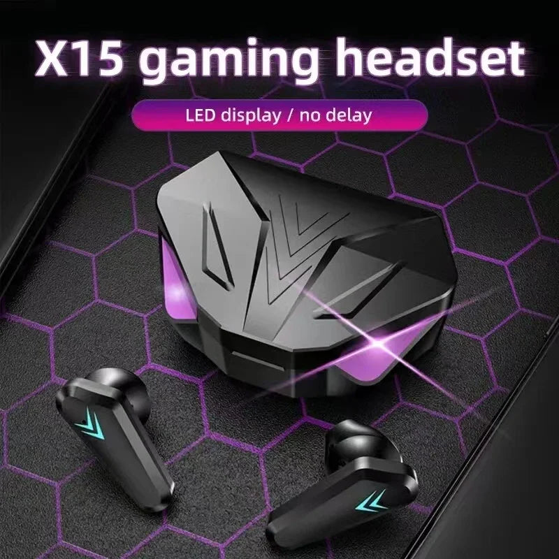 Black tws wireless bluetooth gaming headset with led display and noise cancelling bluetooth earbuds with purple accents