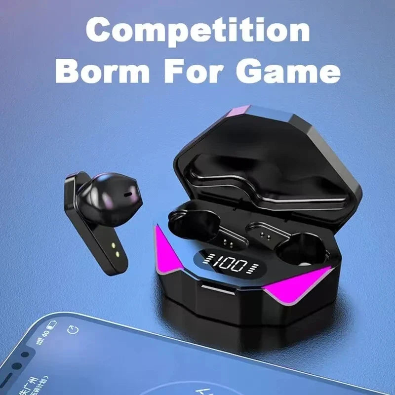 Black tws wireless bluetooth earbuds with noise cancelling bluetooth and headset led display in angular charging case with pink led accents