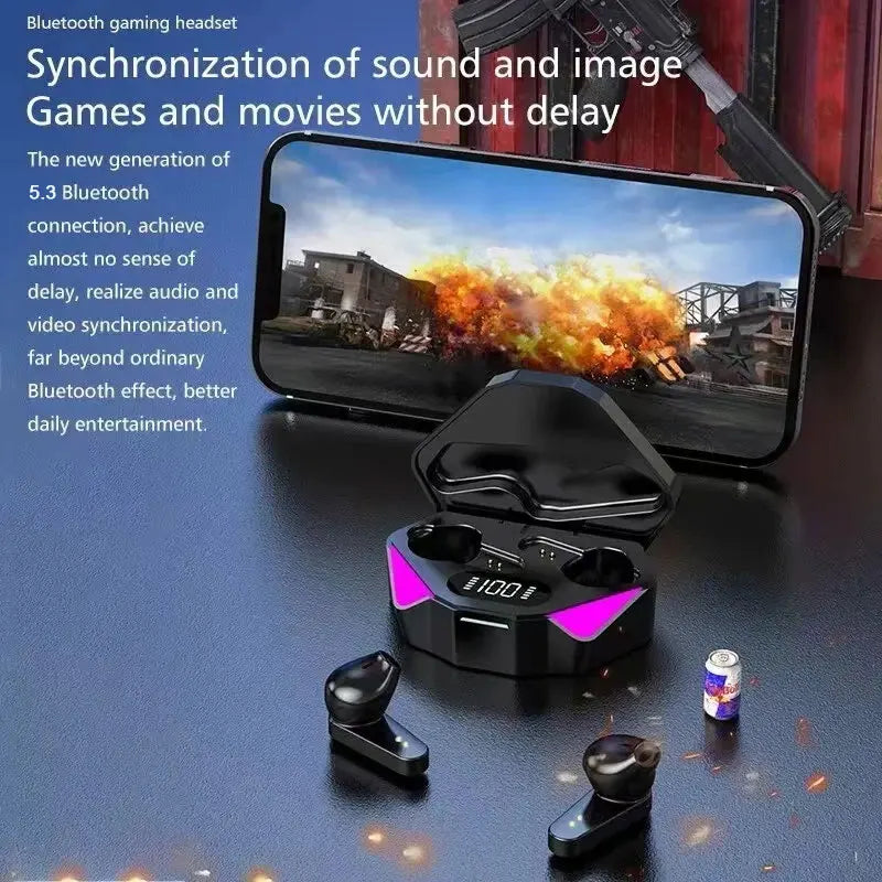 Black tws wireless bluetooth gaming earbuds with noise cancelling bluetooth and purple led headset led display charging case