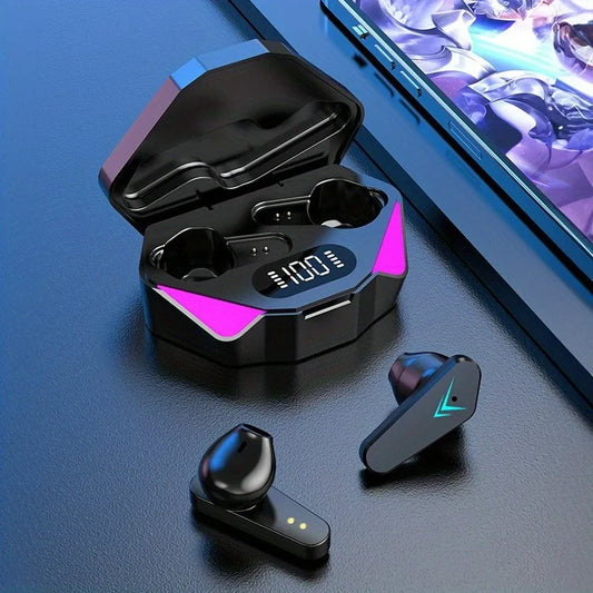 Black tws wireless bluetooth earbuds with teal accents and hexagonal charging case with pink headset led display lighting