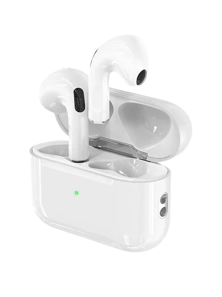 White apple airpods pro with glossy finish and black mesh stems in charging case headphones sport headset touch control