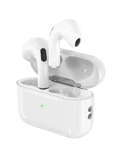 White apple airpods pro with glossy finish and black mesh stems in charging case headphones sport headset touch control