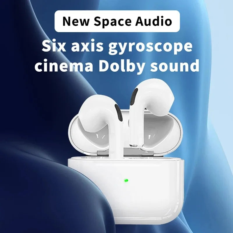 White wireless earbuds with black accents in a white charging case with green light for headphones sport headset use