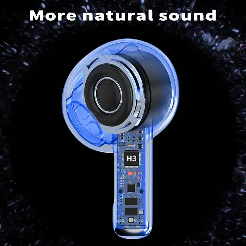 Blue translucent tws wireless earbud with visible internal circuitry and h3 chip label for headphones sport headset touch control music earbuds