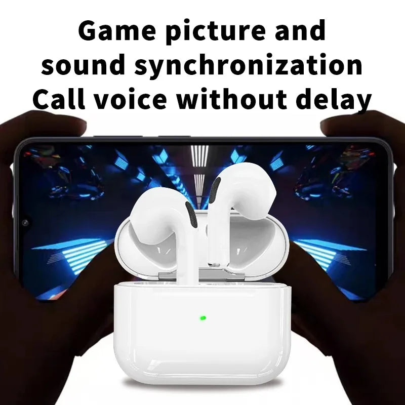 White tws wireless earbuds in matching charging case with sleek design and headset touch control music earbuds feature