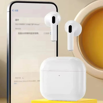 White tws wireless earbuds with glossy finish and minimalist design on matching case feature headset touch control and sport use