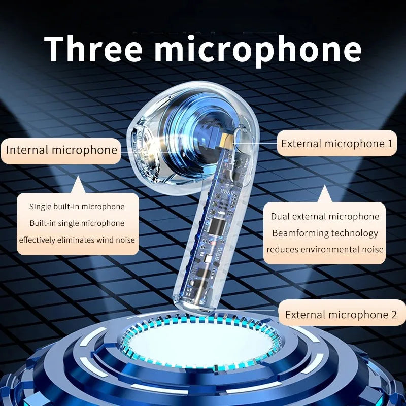 Transparent blue tws wireless earphones with triple mic noise reduction and headset touch control for sport use
