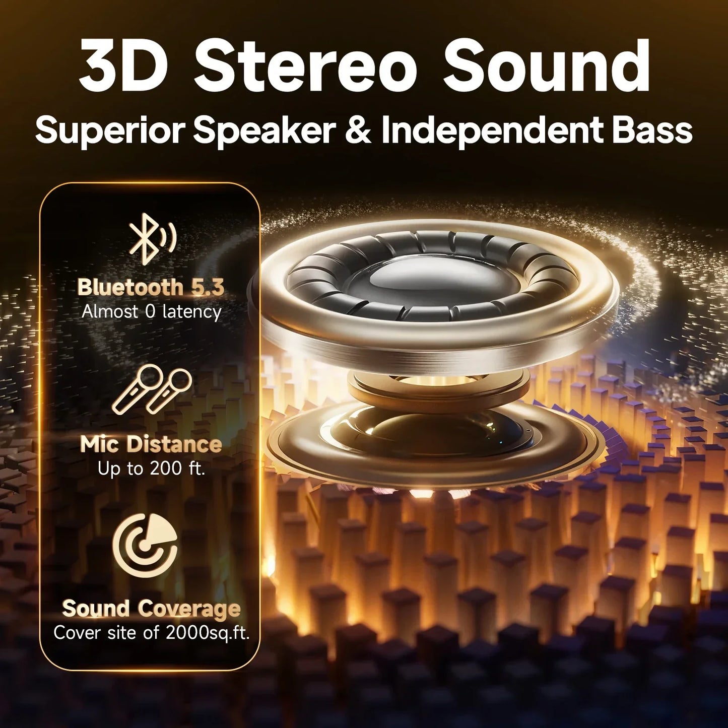 Golden metallic speaker driver with circular design and rings in tx06karaoke bluetooth speaker with karaoke outdoor bass and music rhythm light