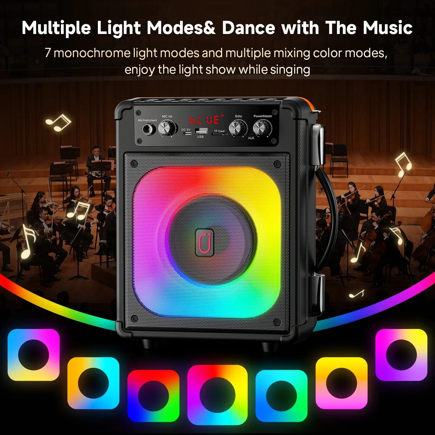Black tx06karaoke bluetooth speaker with colorful music rhythm light display and control knobs for karaoke outdoor bass