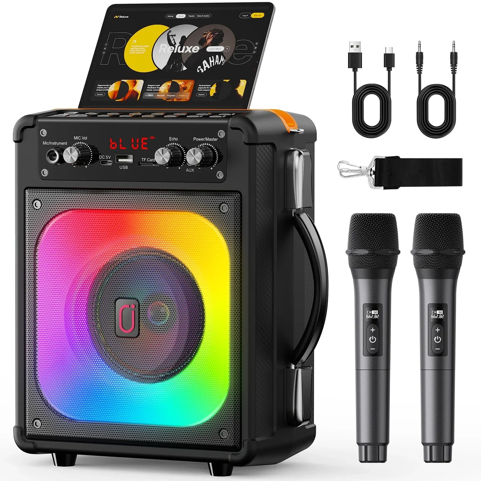 Black tx06karaoke bluetooth speaker with rainbow music rhythm light, built-in touchscreen, and two wireless microphones