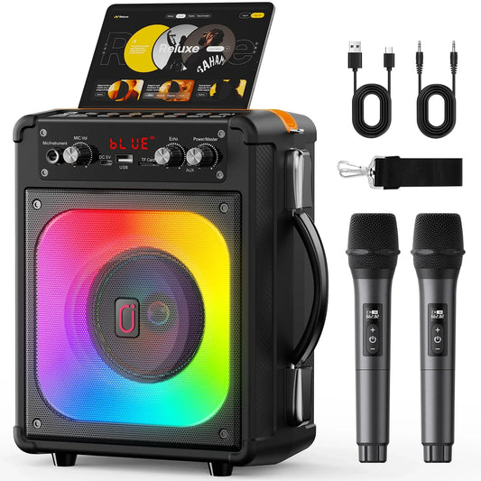 Black tx06karaoke bluetooth speaker with rainbow music rhythm light, built-in touchscreen, and two wireless microphones