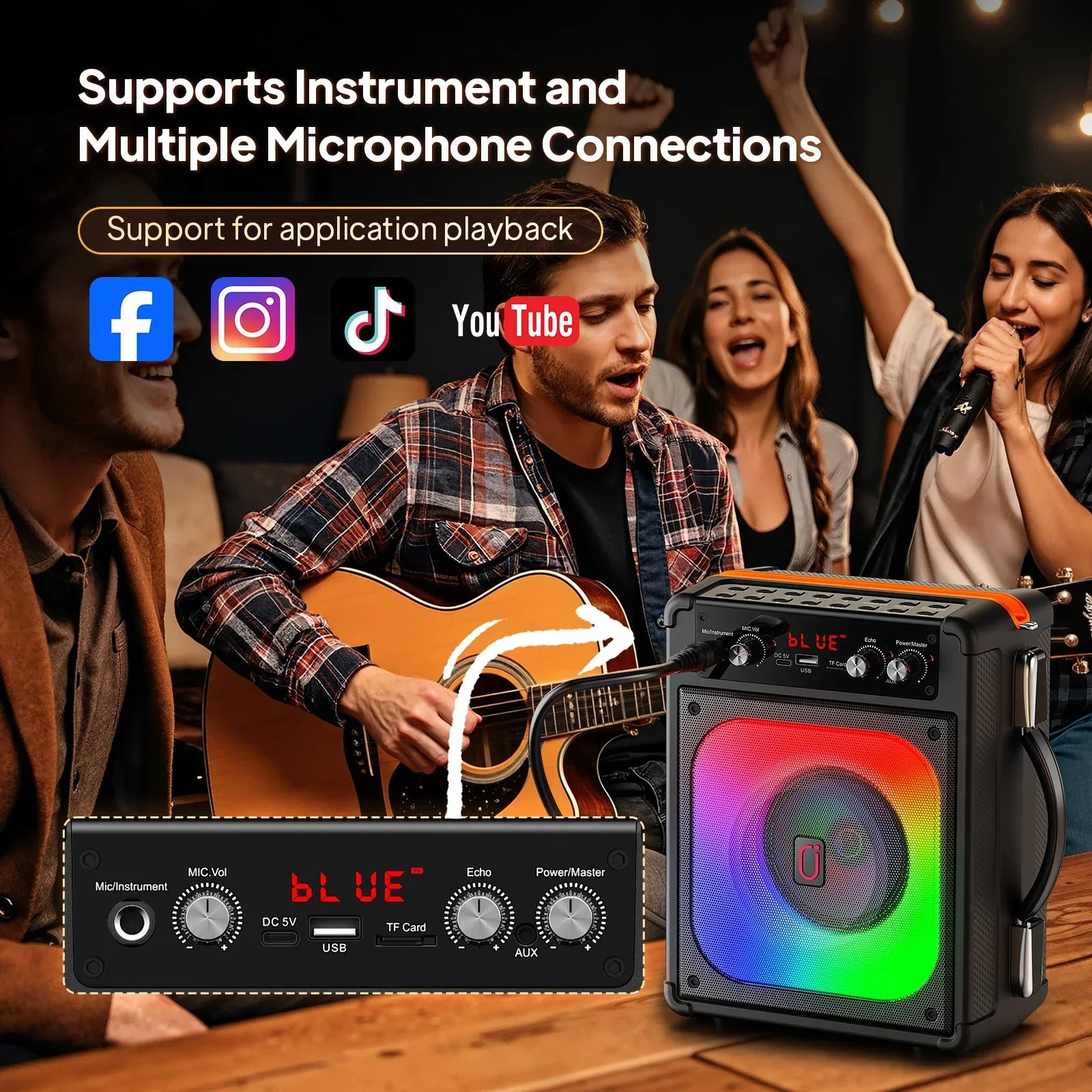 Black tx06karaoke bluetooth speaker with handle and rainbow music rhythm light for karaoke outdoor bass audio use