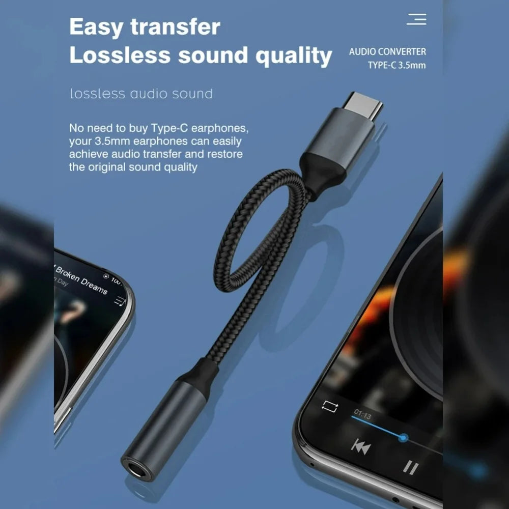 Black braided type c 3.5mm audio adapter earphone wire converter for seamless sound on samsung galaxy s24 and iphone 15