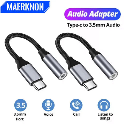 Maerknon type c 3.5mm audio adapter earphone wire converter with black braided cable and silver metallic connectors for samsung galaxy s24