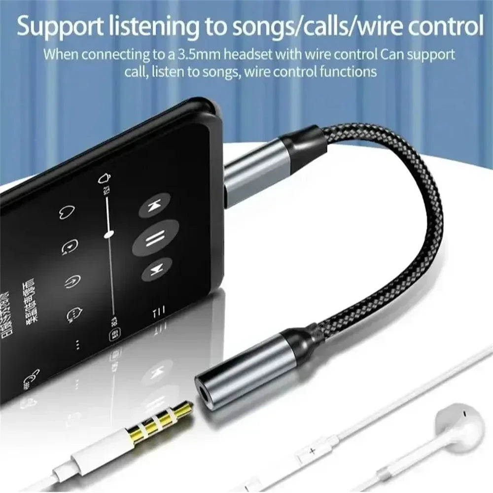 Silver and black braided audio adapter earphone wire converter with 3.5mm jack for samsung galaxy s24 and iPhone 15