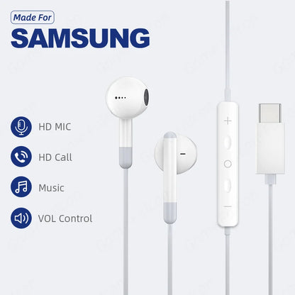 White samsung galaxy s23 stereo music earbud with mic dac chip and usb-c connector for high-quality audio