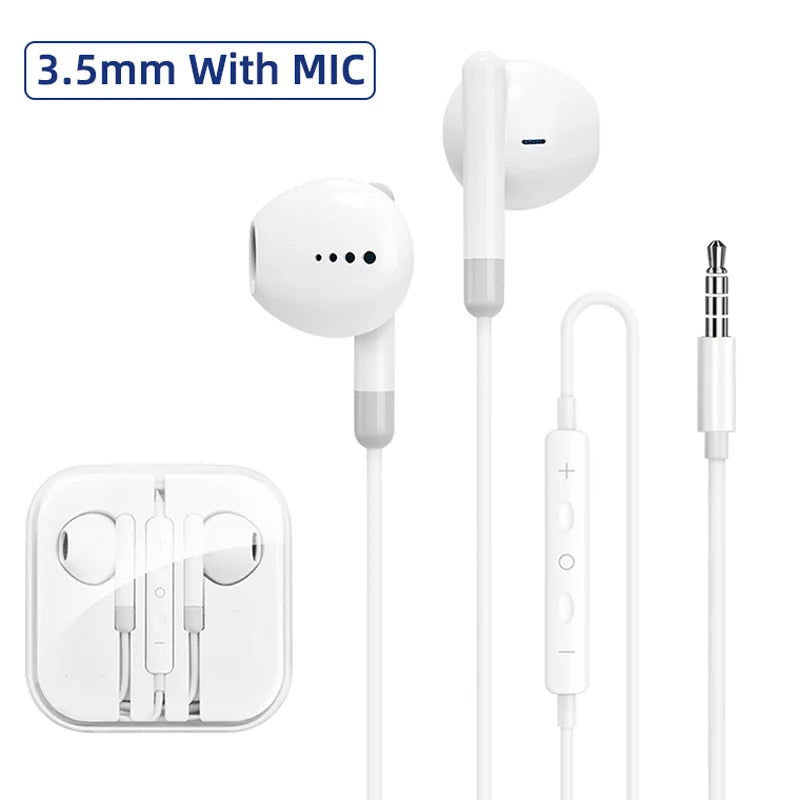 White type c 3.5mm headset stereo music earbud with mic dac chip for samsung galaxy s23 featuring sleek plastic earpieces