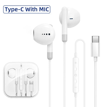 White type c wired headphones with mic dac chip and stereo music earbud for samsung galaxy s23 and other models