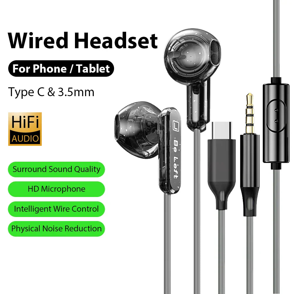 Black wired control earplugs with transparent glossy plastic housings and type c connector for s23 s22 ultra xiaomi