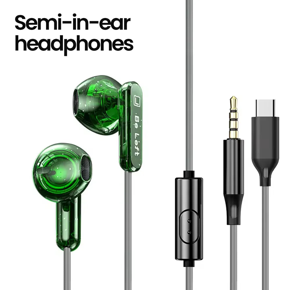 Green semi-in-ear type c headphones with translucent finish and black control wired earplugs for s23 s22 ultra xiaomi