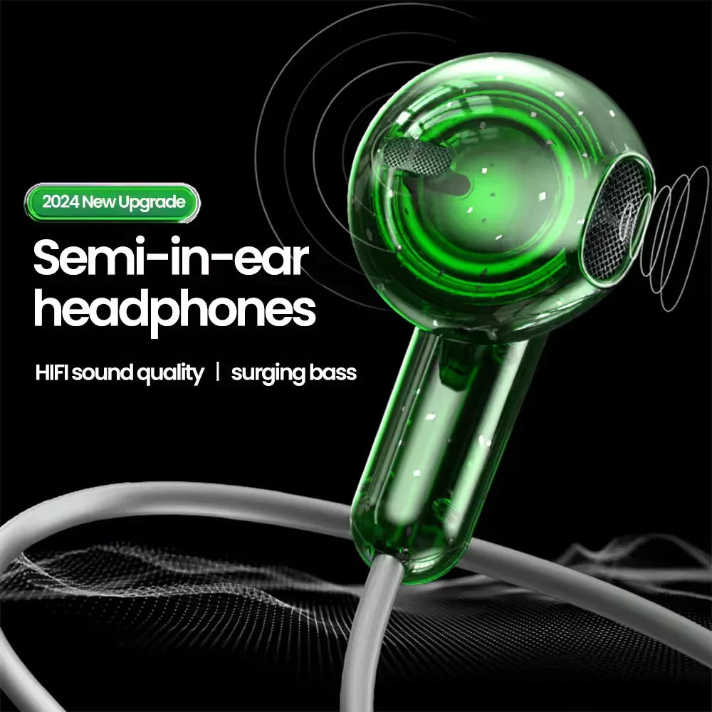 Transparent green semi-in-ear type c headphones with mesh grilles and wire control wired earplugs for s23 s22 ultra xiaomi