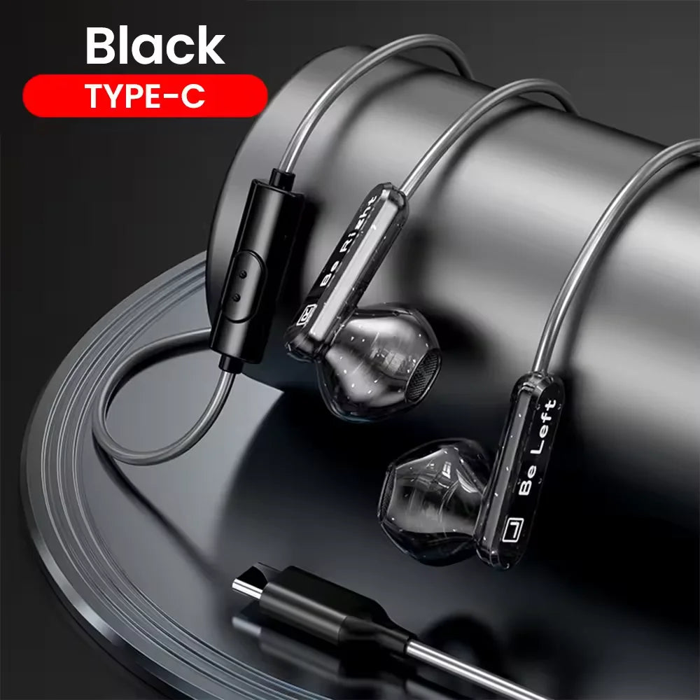 Black type c headphones with transparent ear tips and control wired earplugs for s23 s22 ultra xiaomi devices
