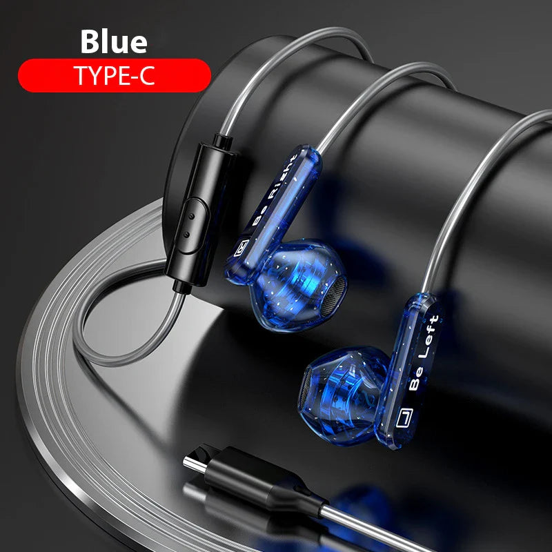 Blue translucent type c headphones with metallic silver cables and wire control wired earplugs for s23 s22 ultra and xiaomi