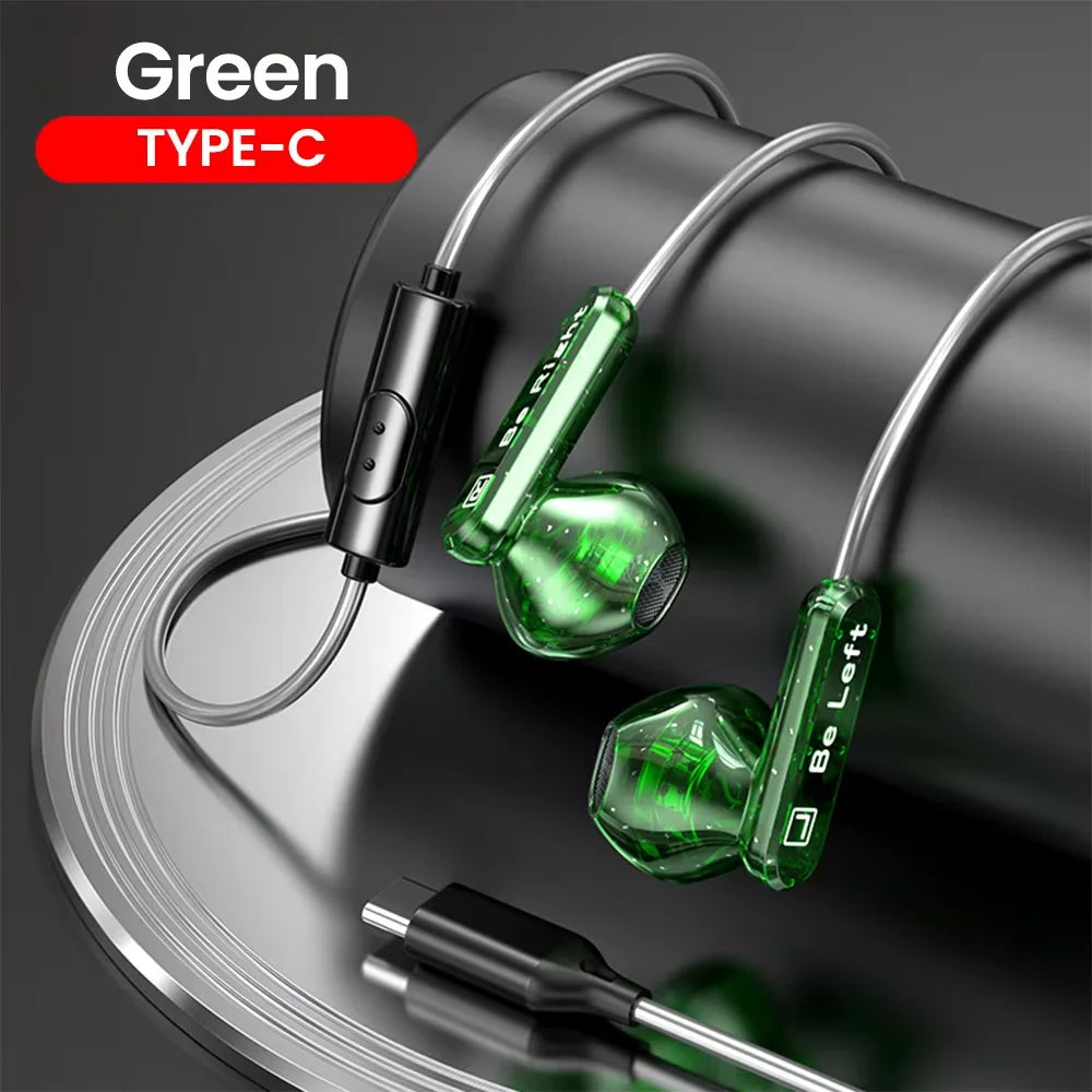 Green translucent control wired earplugs with silver cables for s23 s22 ultra and s22 ultra xiaomi surround sound use