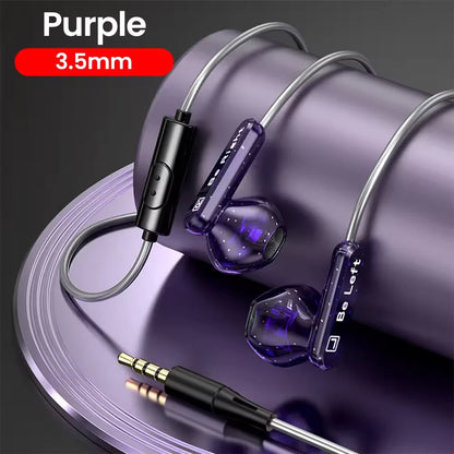 Purple translucent control wired earplugs with 3.5mm jack and black inline control for s23 s22 ultra xiaomi devices