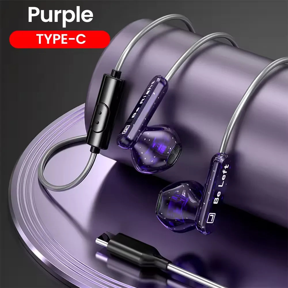 Purple translucent type c headphones with silver cables and control wired earplugs for s23 s22 ultra and s22 ultra xiaomi