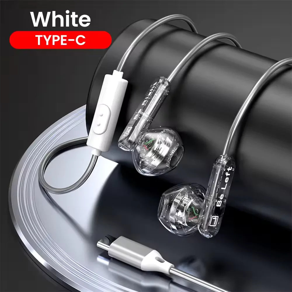 Clear transparent in-ear control wired earplugs with white type c charging cable for s23 s22 ultra and s22 ultra xiaomi