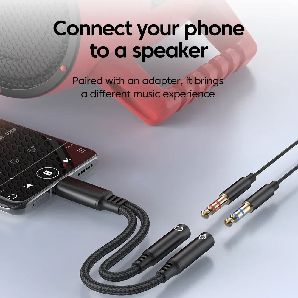 Black braided type c male to 3.5mm jack audio cable with dual female adapter dac and voice microphone splitter cable for iphone 15 16