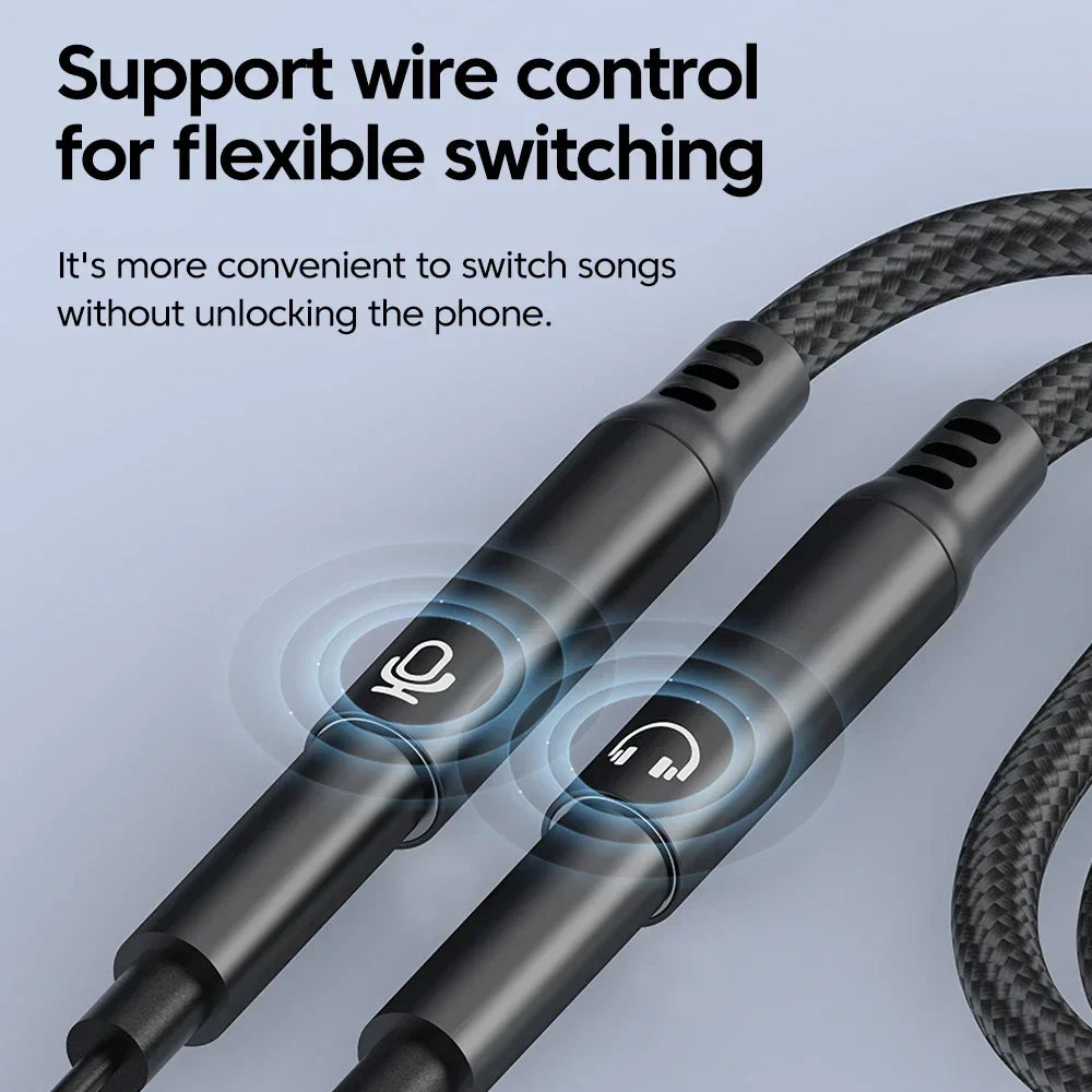 Black braided type C male to 3.5mm jack audio cable with integrated control buttons and female adapter dac for voice microphone splitter