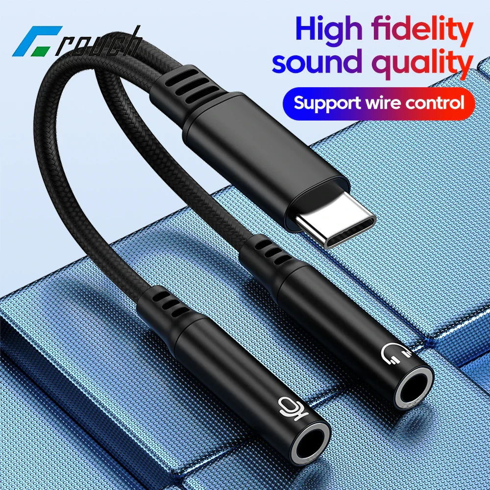 Black braided type c male to 3.5mm jack audio dual female adapter dac microphone splitter cable with wire control