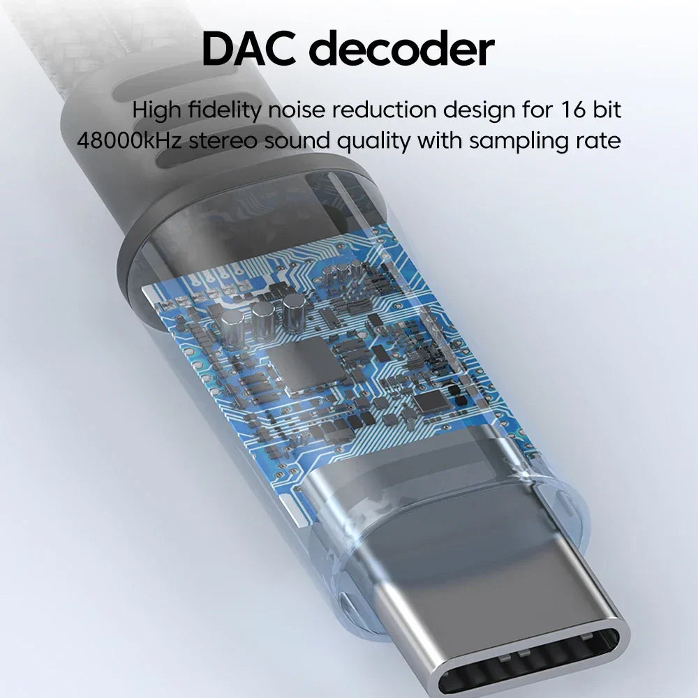 Transparent cylindrical female adapter dac with blue circuit board and silver usb-c connector for voice microphone splitter cable