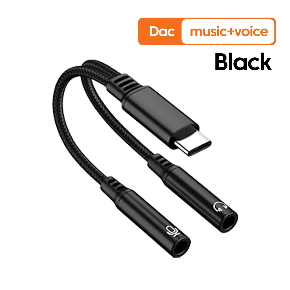 Black usb-c to 3.5mm audio splitter cable with braided fabric cover female adapter dac for voice microphone splitter use