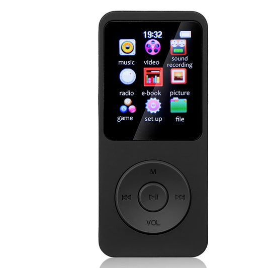 Black rectangular mp3 player with touchscreen display and circular control pad featuring scalable memory card for fitness use