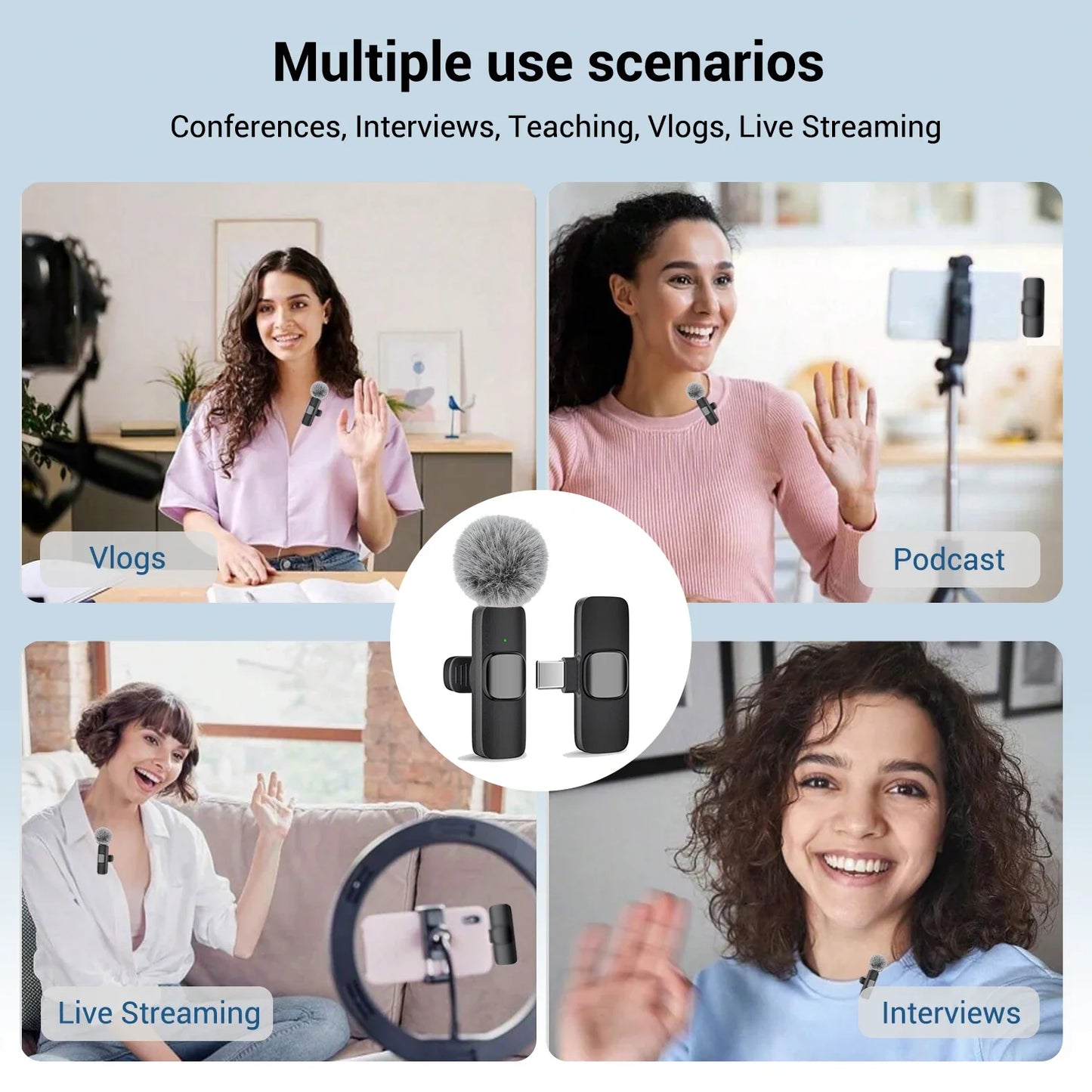 Black wireless lavalier microphone with fuzzy gray windscreen featuring type-c port for plug and play use