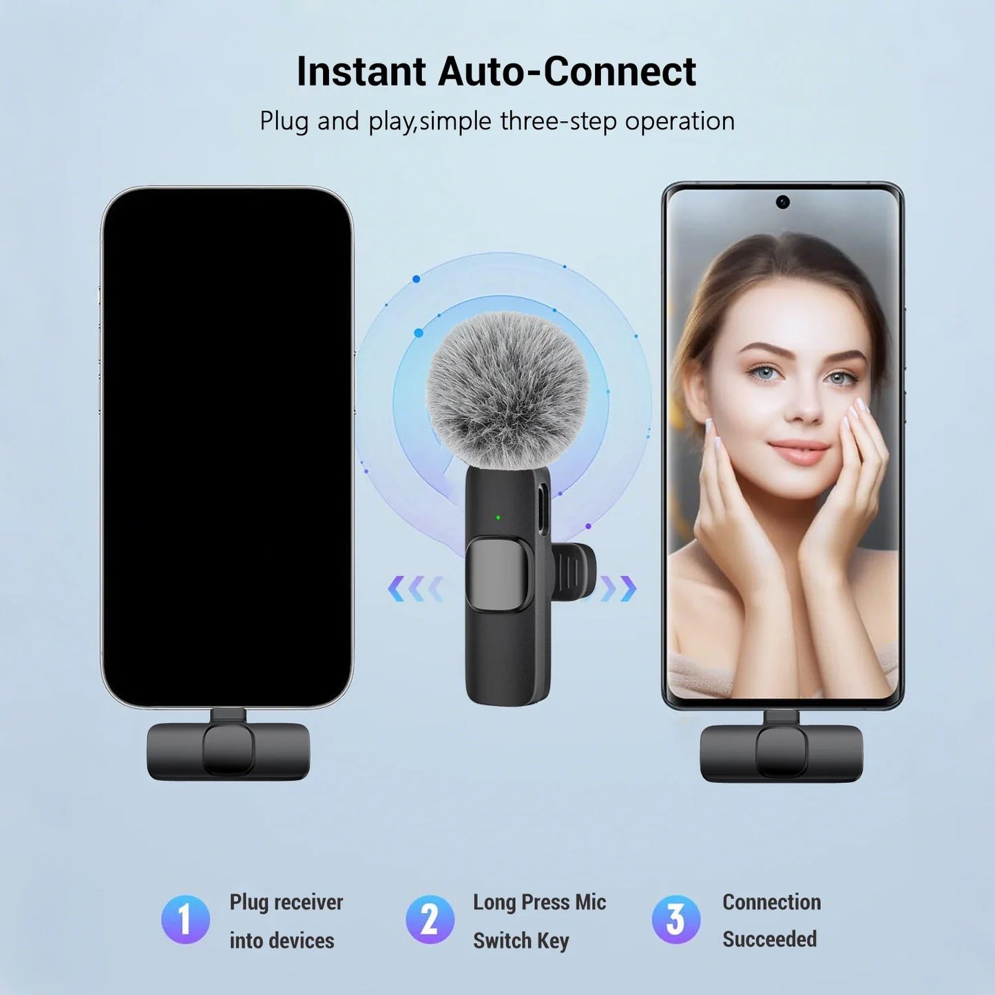 Black wireless lavalier microphone with fuzzy gray windscreen featuring type-c port for smartphones computers and cameras plug and play