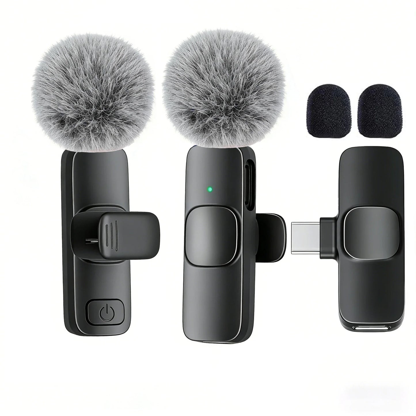 Black wireless lavalier microphone with gray fuzzy windscreen and type-c port for smartphones computers and cameras plug and play