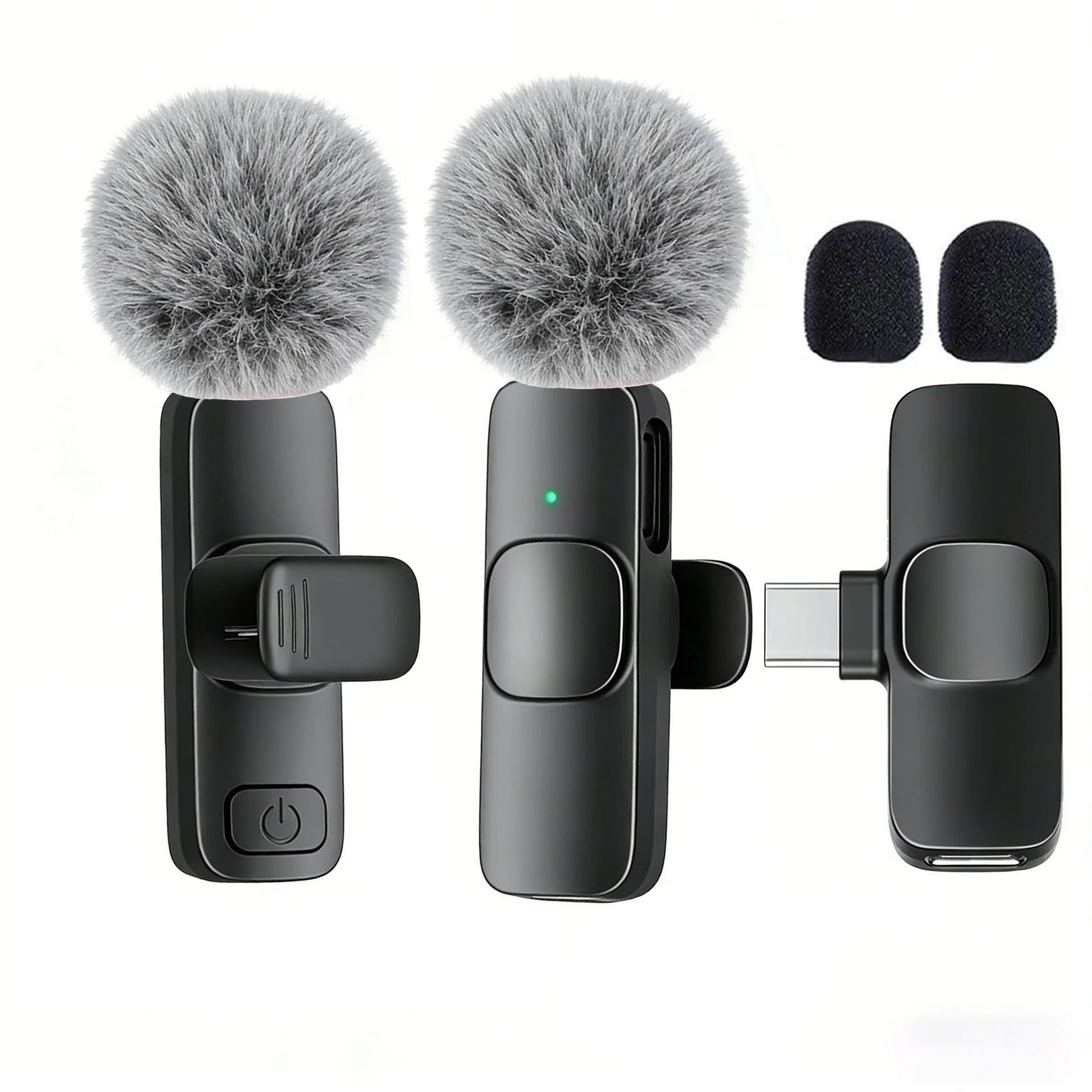 Black wireless lavalier microphone with gray fuzzy windscreen and type-c port for smartphones computers and cameras plug and play