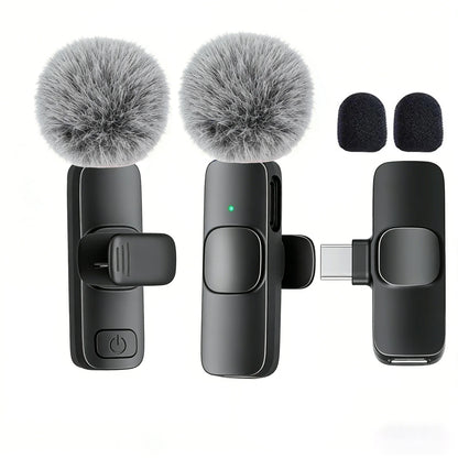 Black wireless lavalier microphone with gray fuzzy windscreen and type-c port for smartphones computers and cameras plug and play